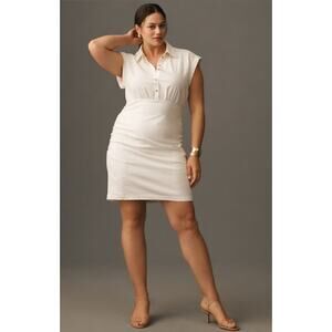 Anthropologie NWT White Linen Blend Ruched Collared Mini Dress 1X
